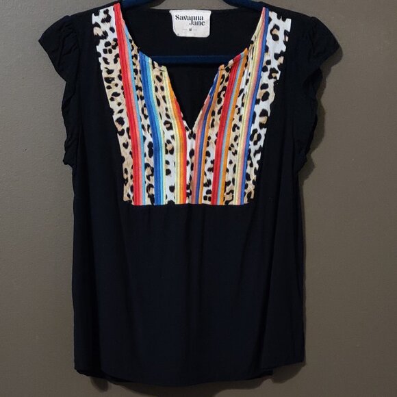 Savanna Jane Black Embroidered Top With Flutter Cap Sleeve SIZE MEDIUM - Picture 1 of 4